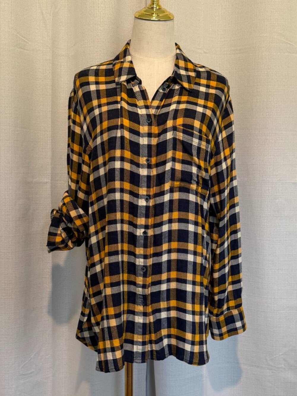 Treasure & Bond Blue & Gold Plaid Boyfriend Flannel Shirt